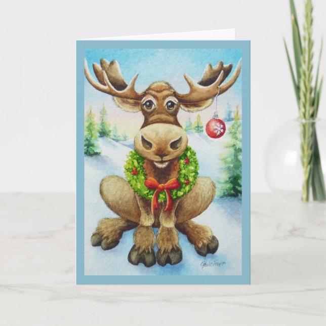 Whimsical Winter Christmas Moose Watercolor Art Card (Front)