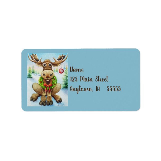 Whimsical Winter Christmas Moose Watercolor Art Label (Front)