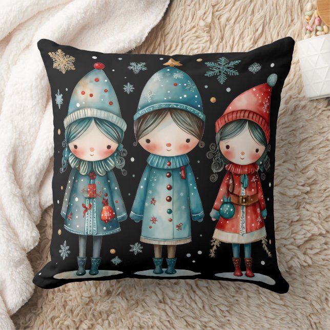 Whimsical Winter Family Throw Pillow (Blanket)