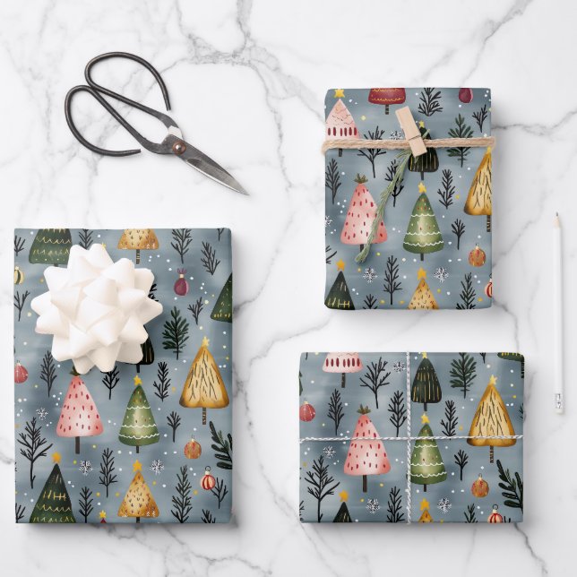 Whimsical Winter Forest Christmas Tree Pattern Wrapping Paper Sheet (Front)