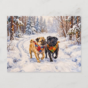 Whimsical Winter Forest Mops Dog Illustration Holiday Postcard