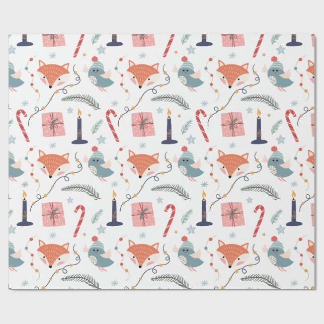 Whimsical Winter Fox & Bird Holiday Pattern  Wrapping Paper (Flat)