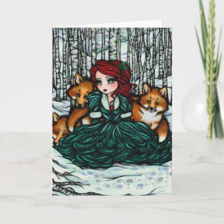 Whimsical Winter Foxes Forest Fantasy Art Card