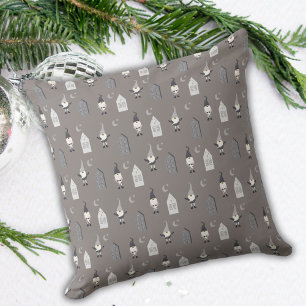 Whimsical Winter Gnomes, Houses and Moon Grey Throw Pillow