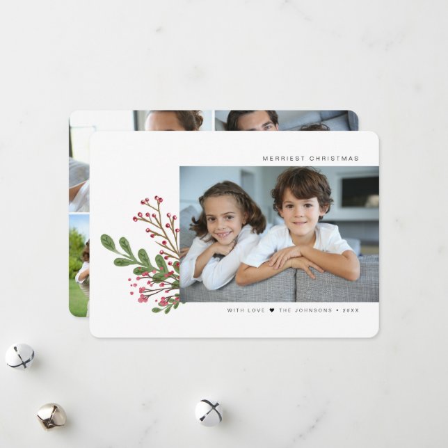 Whimsical Winter Greenery 5 Photo Holiday Card (Front/Back In Situ)