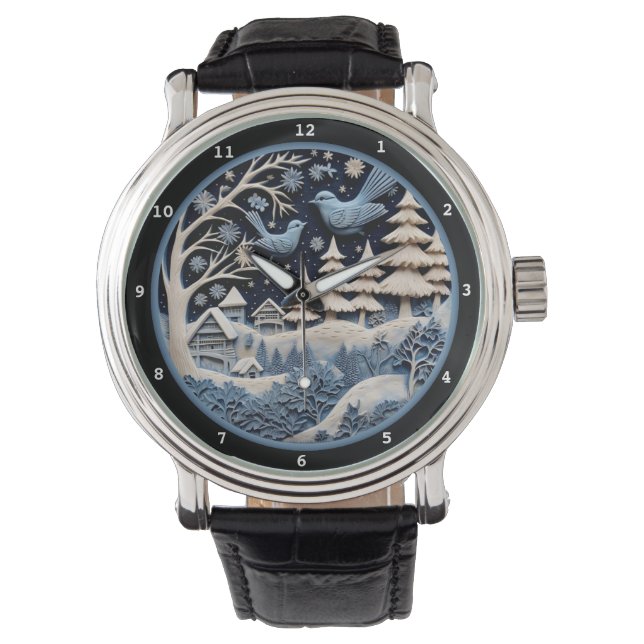 Whimsical Winter Holiday Birds in Forest Watch (Front)