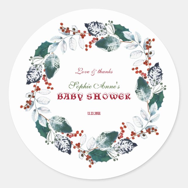 Whimsical Winter Holy Berries Wreath Baby Shower Classic Round Sticker (Front)