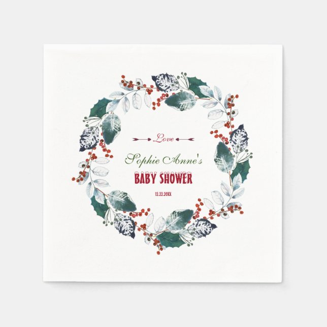 Whimsical Winter Holy Berries Wreath Baby Shower Napkin (Front)
