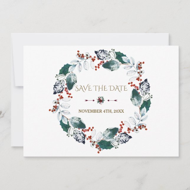 Whimsical Winter Holy Berries Wreath Save The Date (Front)