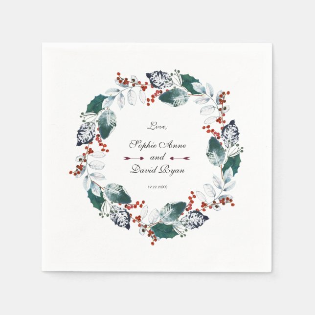 Whimsical Winter Holy Berries Wreath Wedding Napkin (Front)