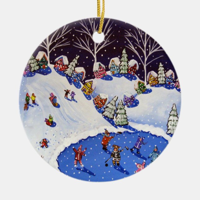 Whimsical Winter Ice Skaters Sled Riders Ornament (Front)