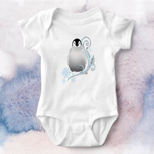 Whimsical Winter Penguin Art Nouveau Snowflakes Baby Bodysuit
