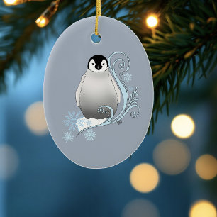 Whimsical Winter Penguin Art Nouveau Snowflakes Ceramic Ornament