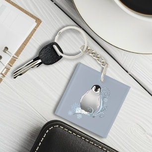 Whimsical Winter Penguin Art Nouveau Snowflakes Keychain
