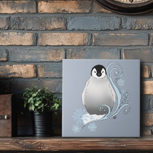 Whimsical Winter Penguin Art Nouveau Snowflakes  Tile