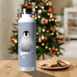 Whimsical Winter Penguin Art Nouveau Snowflakes. Water Bottle
