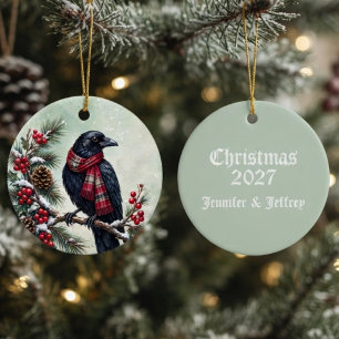 Whimsical Winter Raven Scarf Couple Branch Art Ceramic Ornament