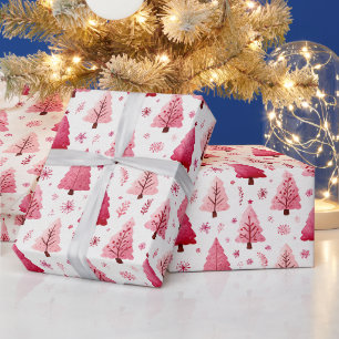 Whimsical Winter Red & Pink Tree Illustration Wrapping Paper