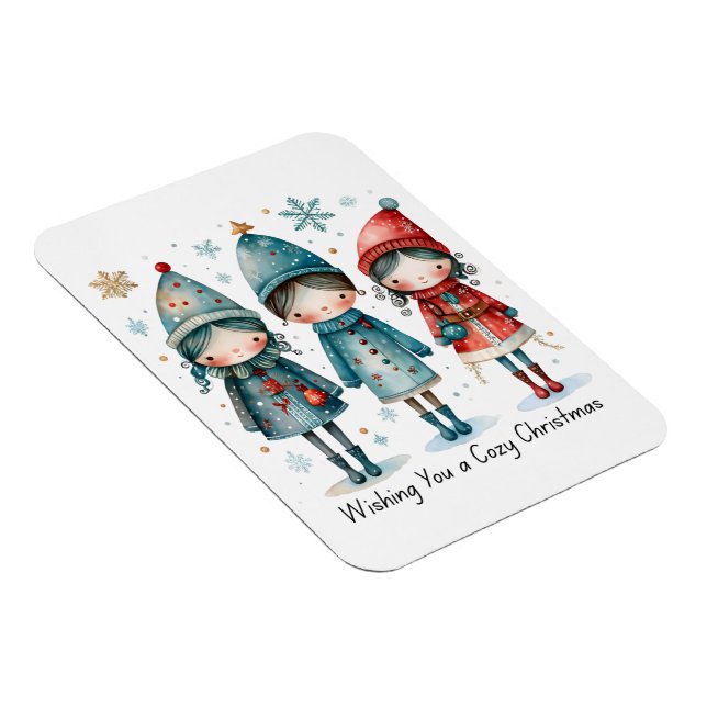 Whimsical Winter Trio- 3 Kids in Blue & Red Coats Magnet (Right Side)