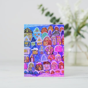 Whimsical Winter Village Colourful Folk Art Postcard