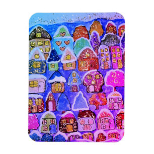 Whimsical Winter Village Folk Art Christmas Magnet