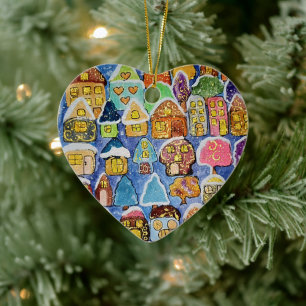 Whimsical Winter Village Folk Art Metal Christmas  Ceramic Ornament