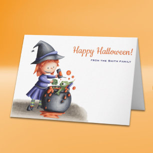 Whimsical Witch and Frog in Cauldron Halloween Card