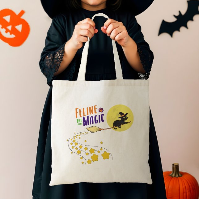 Whimsical Witch Black Cat Cute Modern Halloween Tote Bag (Creator Uploaded)