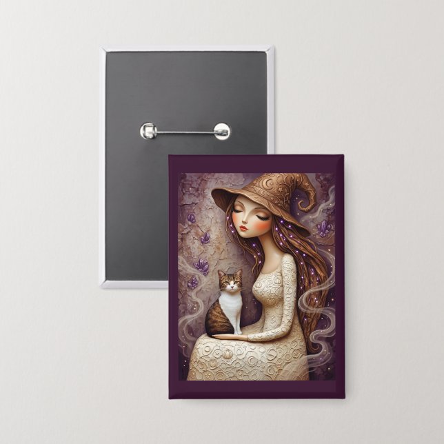 Whimsical Witch Cat Halloween Moon Button (Front/Back)