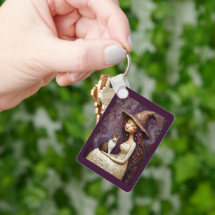 Whimsical Witch Cat Halloween Moon Keychain