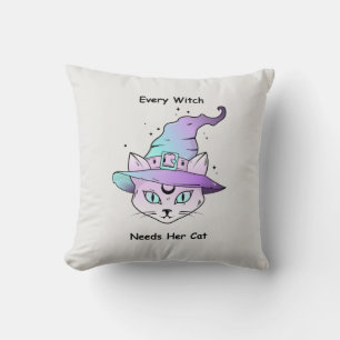Whimsical Witch Cat Throw Pillow