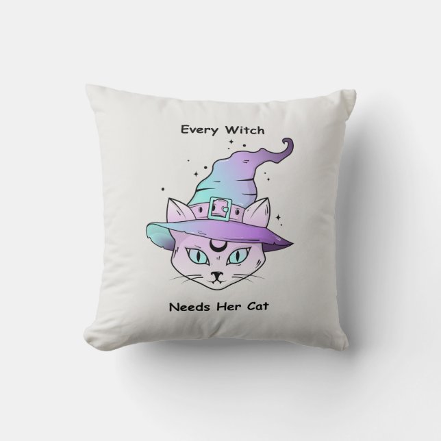 Whimsical Witch Cat Throw Pillow (Front)