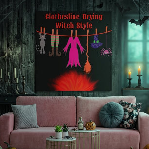 Whimsical Witch Clothesline Halloween Graphic Art Canvas Print