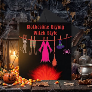 Whimsical Witch Clothesline Halloween Graphic Art Card