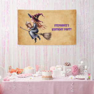 Whimsical Witch Flying Broom Girl Birthday Party  Banner