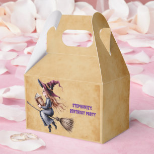 Whimsical Witch Flying Broom Girl Birthday Party Favor Box