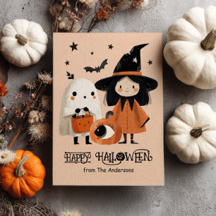 Whimsical Witch& Ghost Watercolor Custom Halloween Postcard