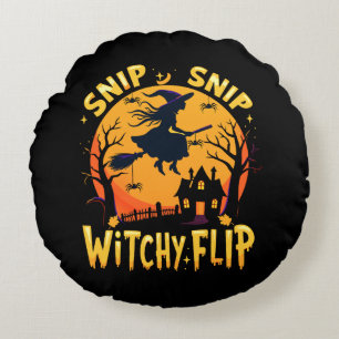 Whimsical Witch Halloween Design - Snip Snip Flip Round Pillow