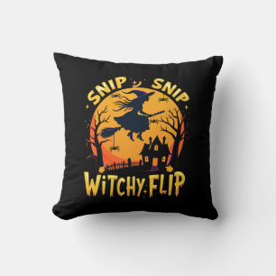 Whimsical Witch Halloween Design - Snip Snip Flip Throw Pillow