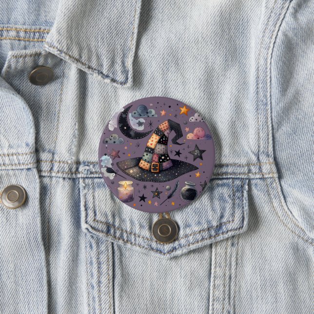 Whimsical Witch Hat and Celestial Magic 3 Inch Round Button (In Situ)