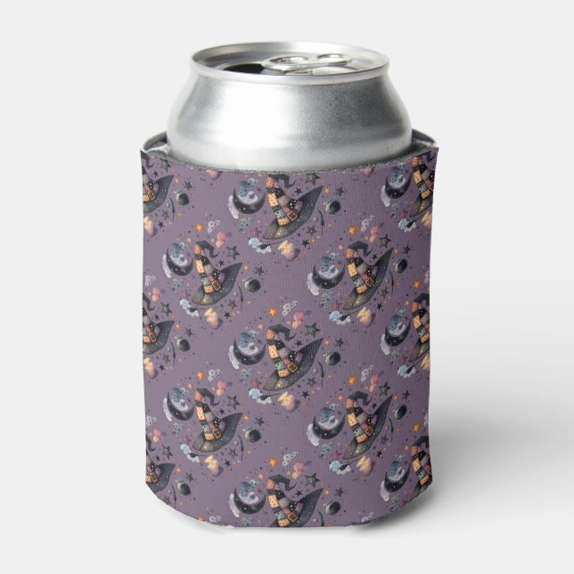 Whimsical Witch Hat and Celestial Magic Can Cooler (Can Front)