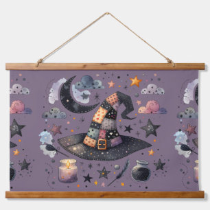 Whimsical Witch Hat and Celestial Magic Hanging Tapestry