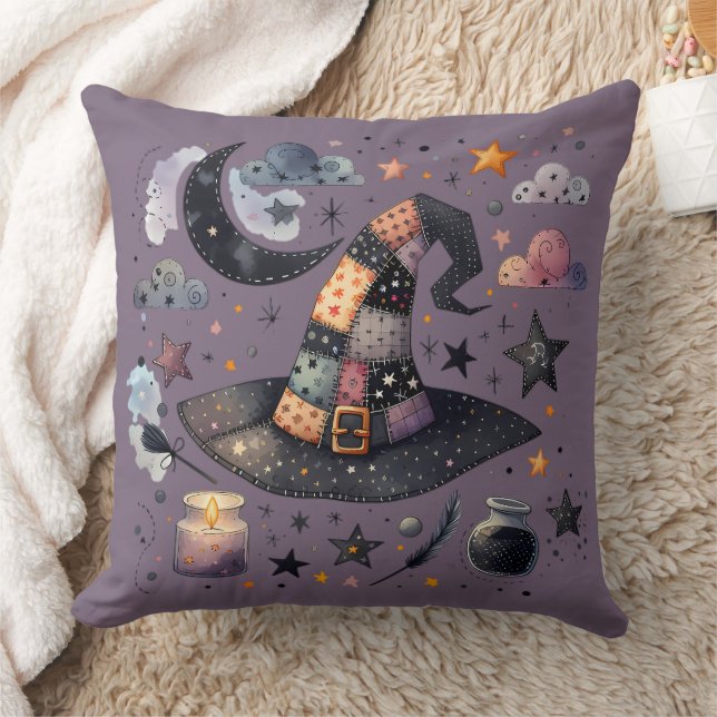 Whimsical Witch Hat and Celestial Magic Throw Pillow (Blanket)