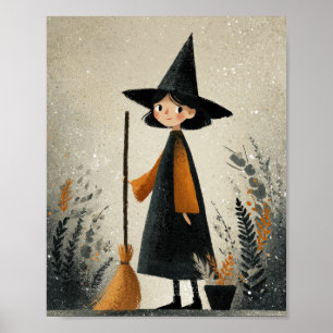 Whimsical Witch Illustration Halloween Nursery Poster