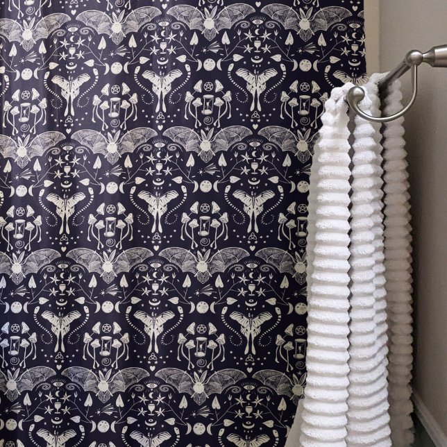 Whimsical Witch Mushrooms Dark Blue Halloween Goth (Whimsigothic shower curtain: Midnight blue witch's mushroom garden pattern)