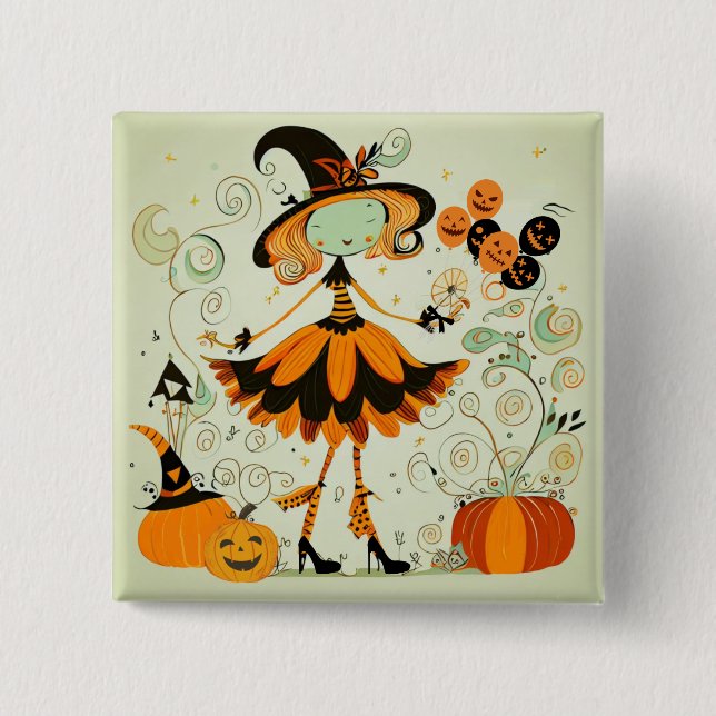 whimsical/witch/pumpkin/fall 2 inch square button (Front)