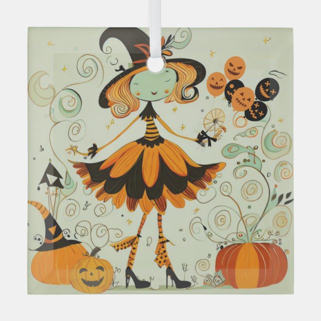 whimsical/witch/pumpkin/fall glass ornament (Front)