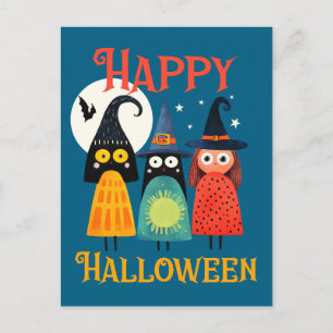 Whimsical Witches Colorful Happy Halloween Postcard