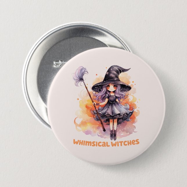 Whimsical Witches – Cute Halloween Witch 3 Inch Round Button (Front & Back)