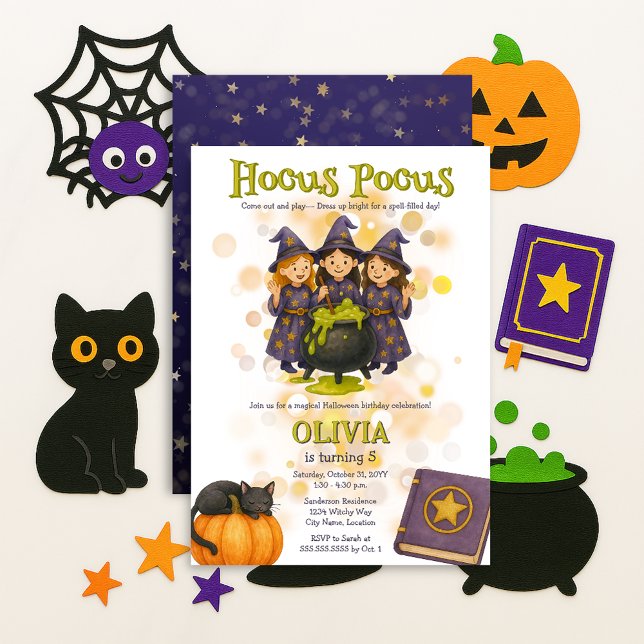 Whimsical Witches Hocus Pocus Halloween Birthday Invitation (Whimsical witches hocus pocus Halloween birthday party invitation front and back view)